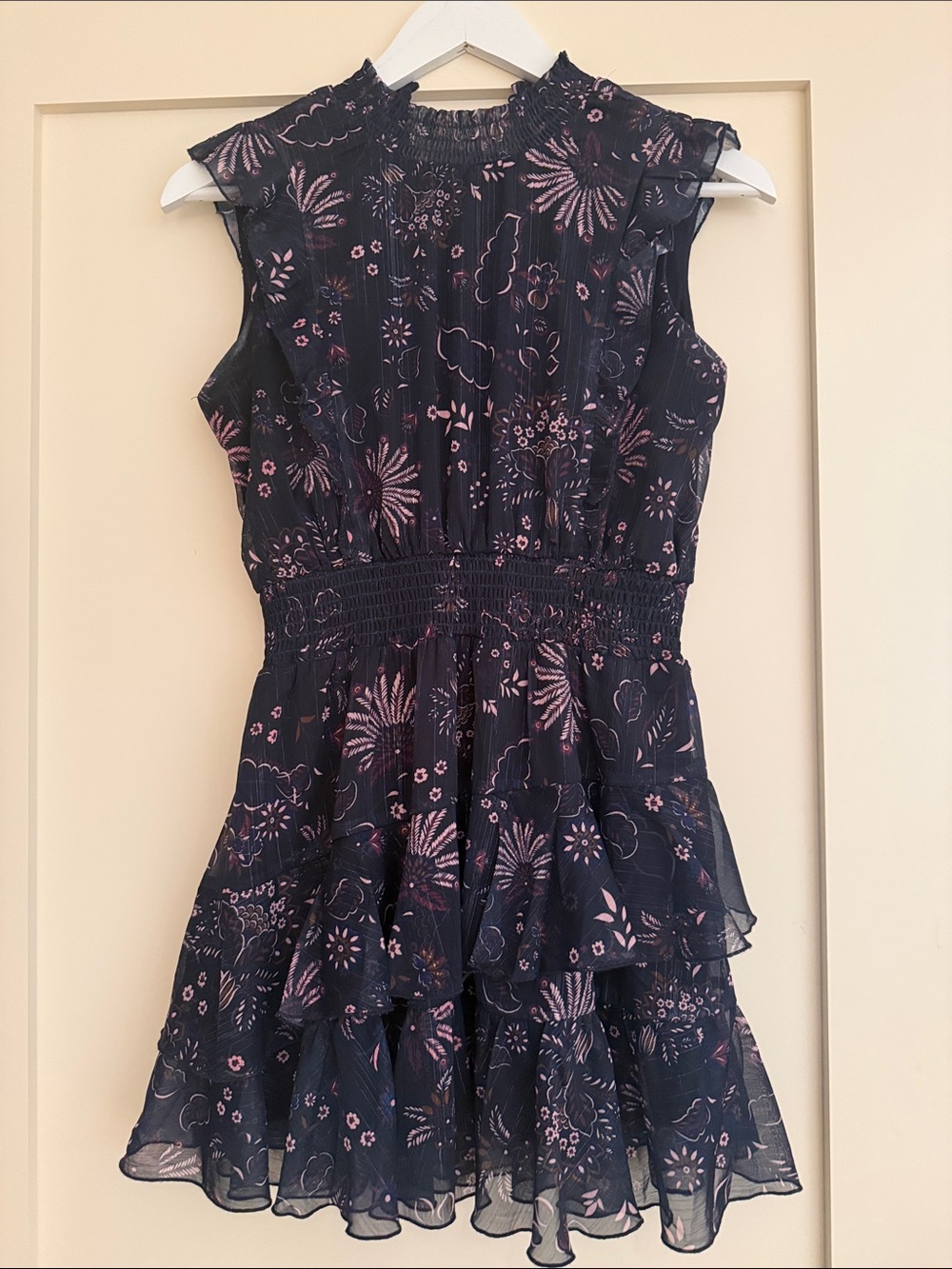 Aqua Girls Navy Floral Ruffle Tiered Mini Dress XL (14/16)